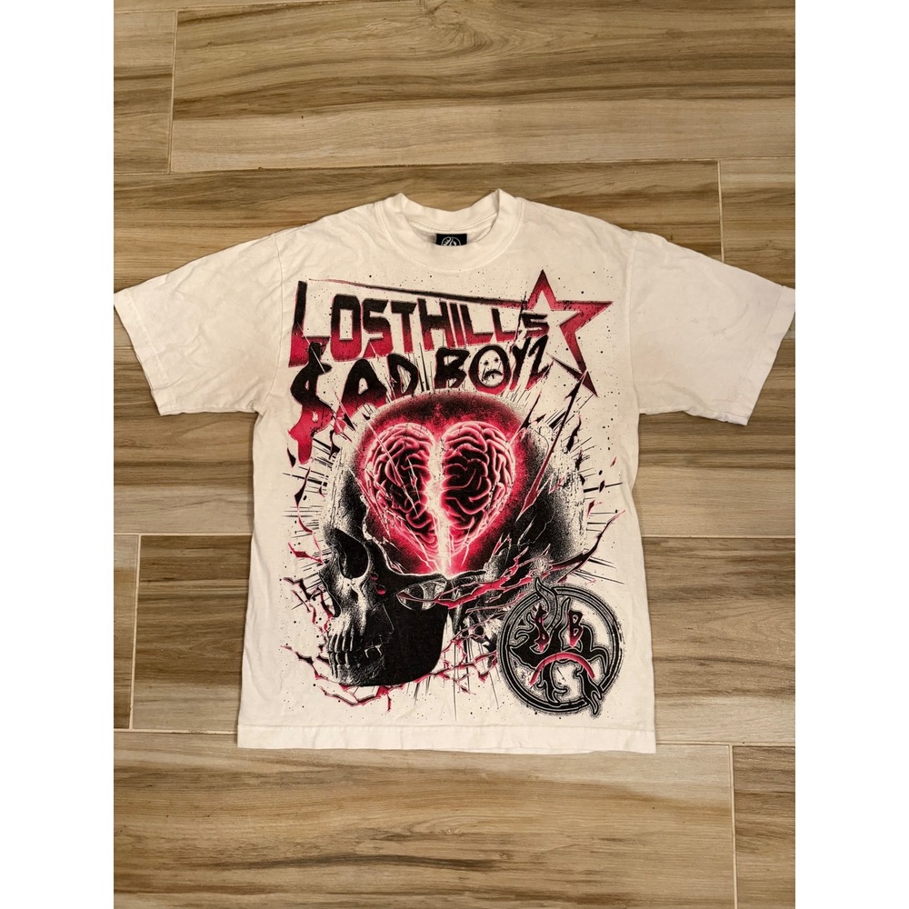 Lost Hills Sad Boy Graphic T-Shirt White Skull Brain Streetwear Mens‎ Small USA